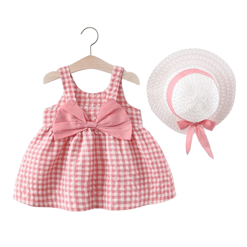 Somrig babyklänning med rosett & matchande hatt