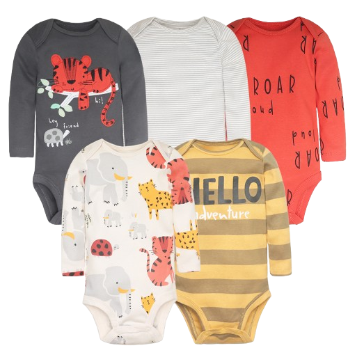 Safari Roar Bodysuits – Färgglatt Set med 5 Mjuka Bodys för Barn
