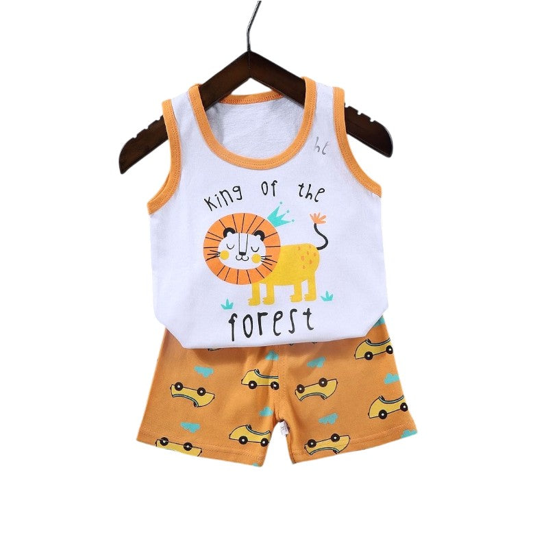 Forest King – Djurigt Sommarset för Barn med Lejon & Shorts med Gula Bilar