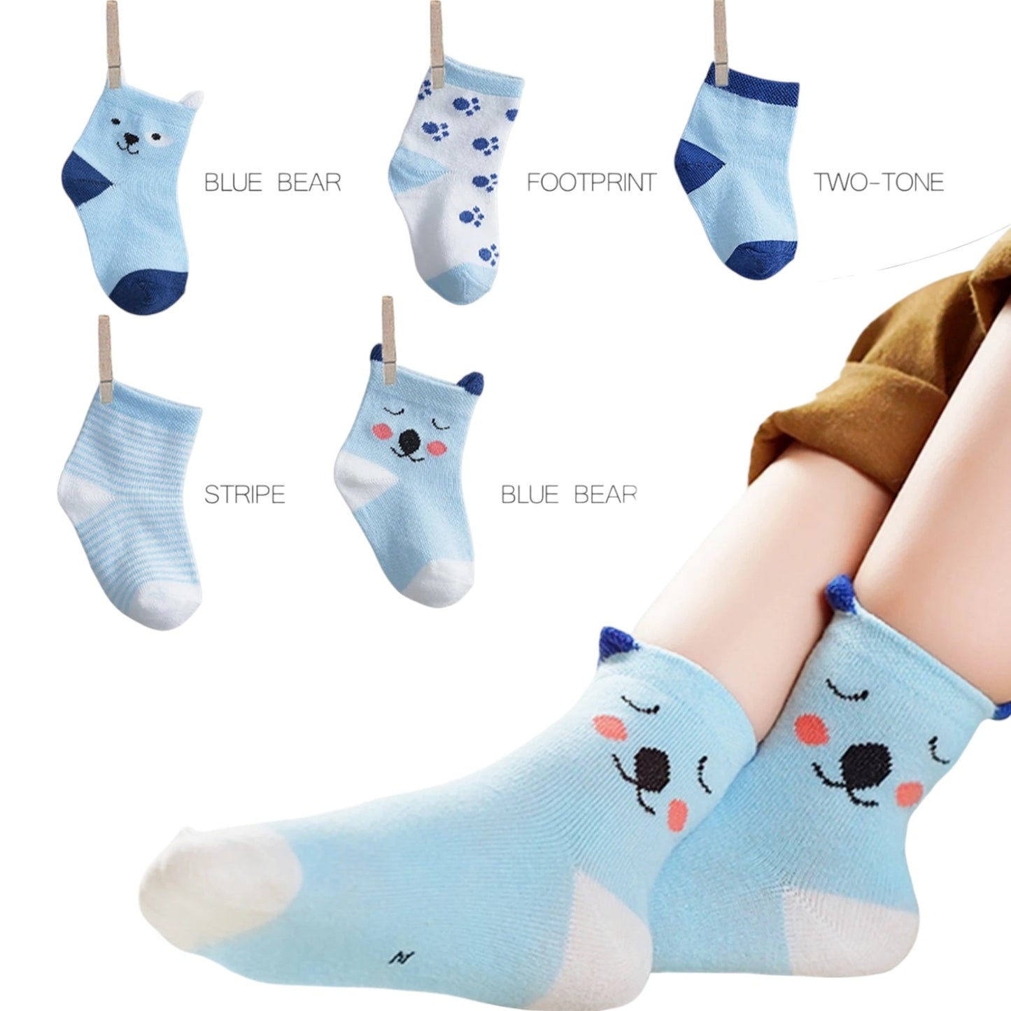 Blue Bear Socks – Mjuka Barnstrumpor med Blå Björn & Gulligt Tassmotiv