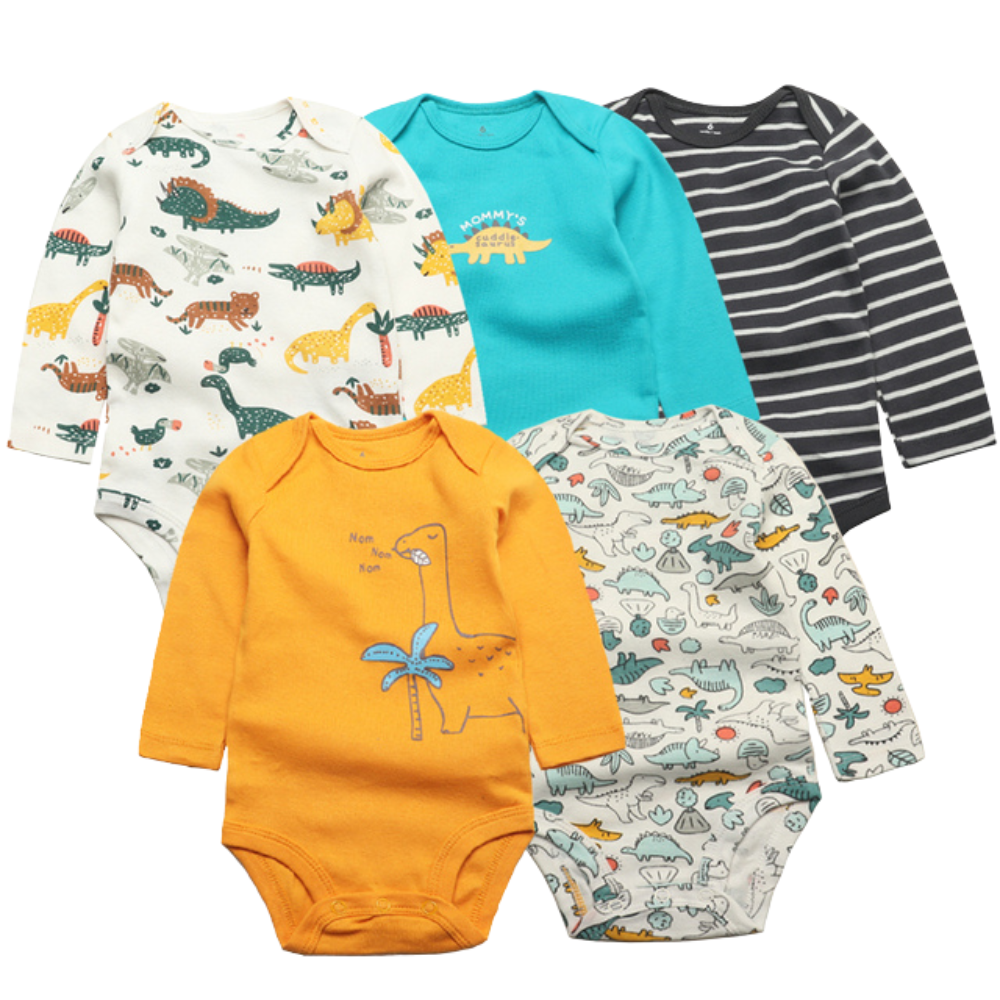 Dino World Bodysuits – Set med 5 Långärmade Bodys för Barn