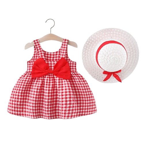 Somrig babyklänning med rosett & matchande hatt