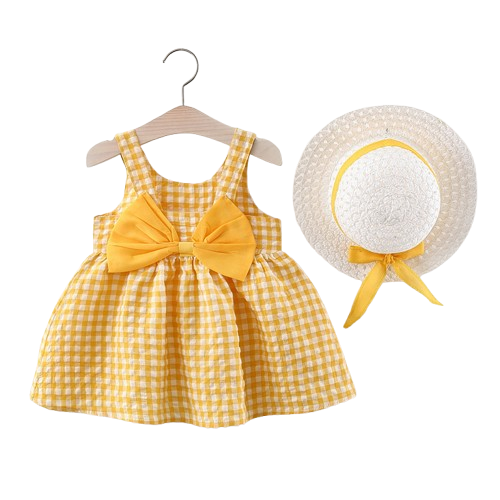 Somrig babyklänning med rosett & matchande hatt